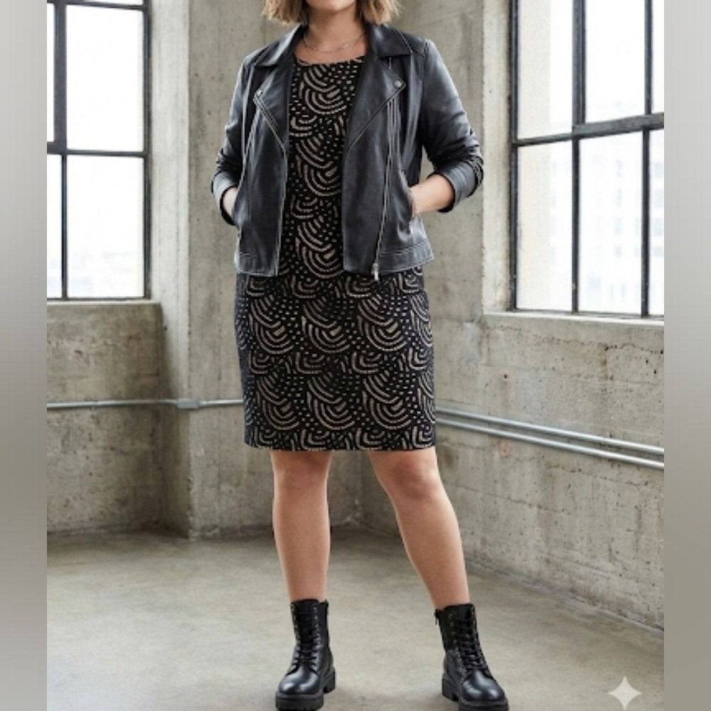 Kasper‎ Shift Dress Black 16 LBD Art Deco Fan Geometric Openwork Office Cocktail - Picture 5 of 9